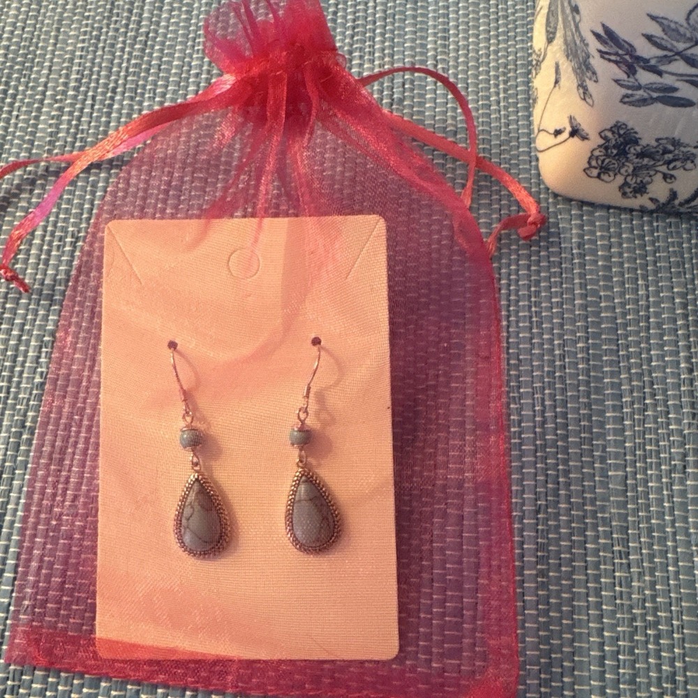 sterling silver turquoise teardrop Dangle Earrings 925 Southwestern Boho - Picture 8 of 8